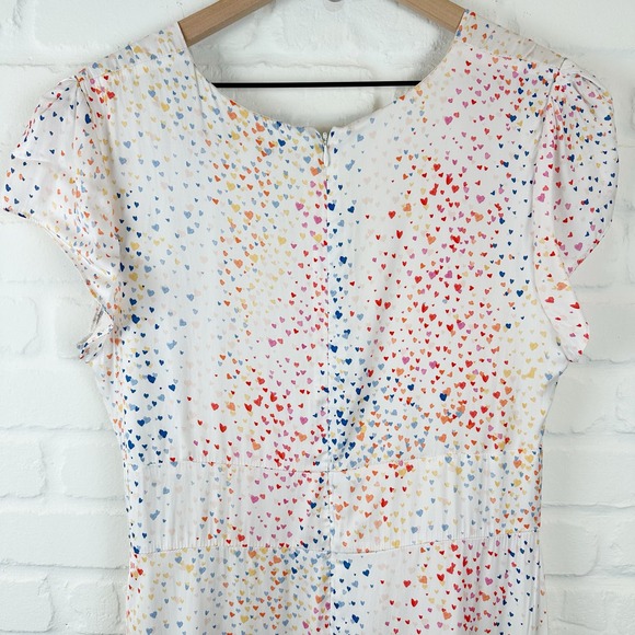 Hutch Multi Color Heart Maxi Dress White Satin Hi Low short sleeves V-neck 10 - Picture 8 of 15